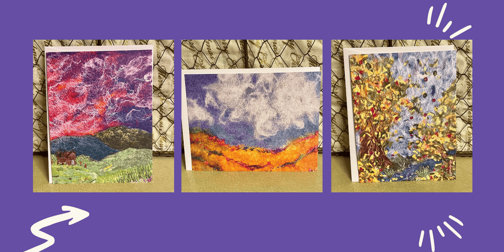 Photo of three notecards featuring felted art these are prints not originals. sunset on a farm, sky over an orange field and a tree with leaves blowing on a fall day.